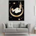 Nordic abstract moon and female figure tapestry displayed over a modern gray sofa - Golden Moon Crunched Woman Style / 95x73cm