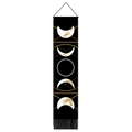 Tapiz bohemio negro con patrones de fases lunares doradas y flecos negros decorativos - 32.5x130cm / Black Moon Phase Style