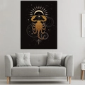 Detailed close-up of a black and gold Scorpio zodiac tapestry with geometric patterns - Black Background Gold Scorpio Astrology Style
