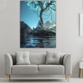 Close-up of astronaut tapestry on wall showing surreal sci-fi art above a grey sofa - Astronaut and Glowing Tree (Style 6)
