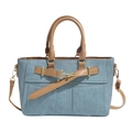 Blaue Denim-Patchwork-Tote-Tasche mit braunen Ledergriffen und Goldverschluss - Blau und Braun