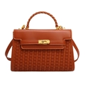 Sac Kelly caramel à texture tressée avec fermoir doré et poignée supérieure pour femme - Marron