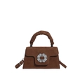 Brown pleated top-handle bag with sparkling rhinestone square buckle and crossbody strap - Brown
