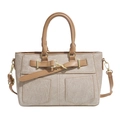 Chic beige canvas tote bag with camel leather handles and gold metal buckle accents - Khaki