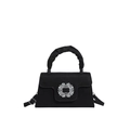 Elegant black ruched handbag with round rhinestone buckle and adjustable shoulder strap - Black