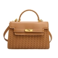 Sac Kelly marron texture tressée avec fermoir doré rotatif et bandoulière amovible - Kaki