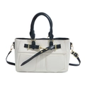 Chic beige and black tote bag with cross-grain texture and golden hardware accents - White
