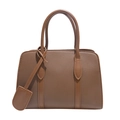 Structured brown litchi textured tote bag with top handles and decorative leather tag - Brown