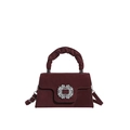 Elegant wine red pleated handbag with large crystal floral buckle and suede finish - Red