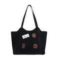 Große schwarze matte Tragetasche mit Vintage-Abzeichen und Schultergurten für Damen - Schwarz