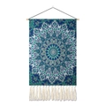 Bohemian mandala wall tapestry with deep blue patterns, wood pole and cotton tassels - 35x50cm With Accessories / Blue Geometric Mandala Style