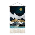 Detail of artistic mountain landscape tapestry with tassels and natural wood hanging rod - 35x50cm / Snow Mountain and Deer (Style 1)
