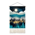 Modern abstract landscape wall tapestry with blue mountains, golden edges and white tassels - 35x50cm / Moonlight Forest (Style 2)