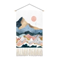 Detail of Nordic abstract tapestry with mountain landscape, sun, birds and white tassels - 35x50cm / Warm Sun Mountains (Style 3)