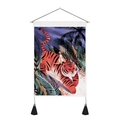 Artistic wall hanging tapestry featuring a girl riding a tiger with elegant black tassels - Girl Riding Tiger In Jungle (Style 4) / 35x50cm