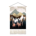 Artistic landscape tapestry with wood frame, mountain pine forest print and white fringe - 35x50cm / Misty Pine Forest (Style 4)