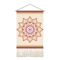 Detail of bohemian mandala tapestry with red geometric patterns and white tassels - Warm Tone Mandala / 35x50cm