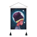 Tapisserie murale artistique fille de lune avec glands et tige en bois pour décoration - 35x50cm / Style Lune Cheveux Afro Violets