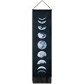 Verticale maanfasen wandtapijt met blauwe patronen en zwarte kwastjes aan de onderkant - Zwarte Maanfase (Stijl 1)