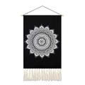Bohemian black wall hanging with white mandala pattern and ivory white tassels - Black And White Mandala / 35x50cm