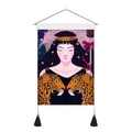 Artistic wall tapestry with tassels featuring leopard and woman illustration - 35x50cm / Laurel Woman and Two Leopards (Style 3)