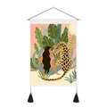 Detail of artistic leopard and girl wall tapestry featuring wood rod and black tassels - 35x50cm / Woman's Back and Jungle Leopard (Style 2)