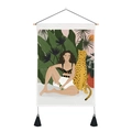 Detail of artistic leopard and woman wall tapestry with wooden bar and black tassels - 35x50cm / Woman and Leopard Sitting (Style 1)
