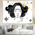 Tapisserie murale bohème avec lune céleste et visage féminin au-dessus d'un canapé - 95x73cm (Brossé) / Visage Boho Minimaliste(Style 3)