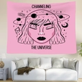 Detail of pink celestial tapestry featuring moon goddess art and galaxy print on a wall - Universe Goddess Pink(Style 5)