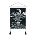 Gothischer Wandteppich mit meditierendem Skelett, Holzstäben und schwarzen Quasten - 35x50cm / Tarot Meditation Skelett (Stil 2)