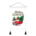 Christmas wall hanging with red truck, snowman design and black tassels on white canvas - Snowman Christmas Tree (Style 3) / 35x50cm
