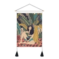 Artistic tropical leopard girl wall tapestry with elegant black tassels and wood bar - Woman on Red Rug with Cheetah (Style 5)