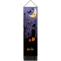 Detail of Halloween ghost wall hanging with custom text area and black tassels - 32.5x130cm / Purple Night Sky Black Cat Style (Style 1)
