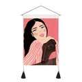 Tapiz decorativo con ilustración de niña y perro y borlas negras elegantes - 35x50cm / Mujer con Perro Grande (Estilo 4)