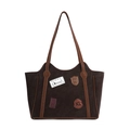 Dark brown large tote bag with vintage puppy patches and slim top handles for women - Brown