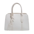 Minimalist beige pebble leather tote bag with cylindrical handles and a modern design - White