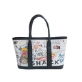 White canvas bucket tote with colorful bear graffiti and black leather trim handles - Black