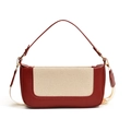 Brown leather and beige canvas paneled shoulder bag with wide strap and gold hardware - Burgundy