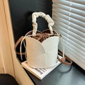 Chic cream tulip bucket bag with brown drawstring insert and stylish ruffled handle - White