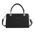 Black litchi grain leather box bag with silver hardware and adjustable shoulder strap - Black