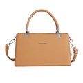 Chic camel brown crossbody box bag with litchi grain texture and silver hardware - Brown