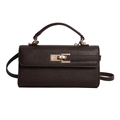 Dark brown leather Kelly handbag with pebble texture and golden metal twist lock closure - Brown
