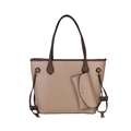 Beige faux leather tote bag set with brown handles and matching coin purse charm - Khaki