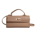 Elegant brown Saffiano leather baguette handbag with golden metallic twist lock closure - Khaki