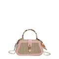 Pink leather trim straw handbag with orange scarf handle and gold chain shoulder strap - Pink