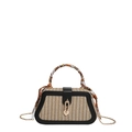 Beige woven straw handbag with black leather trim and decorative floral silk scarf - Black