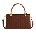 Dark brown woven texture handbag with top handle and gold hardware in front view - Brown