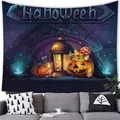 Halloween tapestry with pumpkin lanterns and archway hung above a sofa in a living room - 95x73cm / Pumpkin Lantern Stone Gate (Style 3)