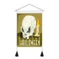 Detalle del tapiz de Halloween con calavera, vela, varilla de madera y borlas negras - 35x50cm / Estilo Vela Calavera (Estilo 10)