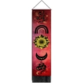 Detail of Moon Child tapestry featuring sun, moon phases, and snakes with black tassels - 32.5x130cm / Red Nebula Style (Style 1)